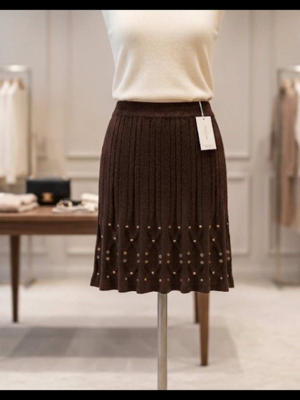 Wool & Grommet Brown Skirt (Sz S) 90's Designer Luxury Statement Fall Capsule